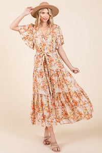 Mittoshop Floral Tie Waist Flutter Sleeve Tiered Dress - Brittney MADE