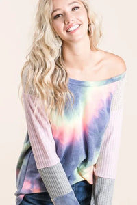 BiBi Tie Dye Terry Top With Color Block Pointelle Knit - Brittney MADE
