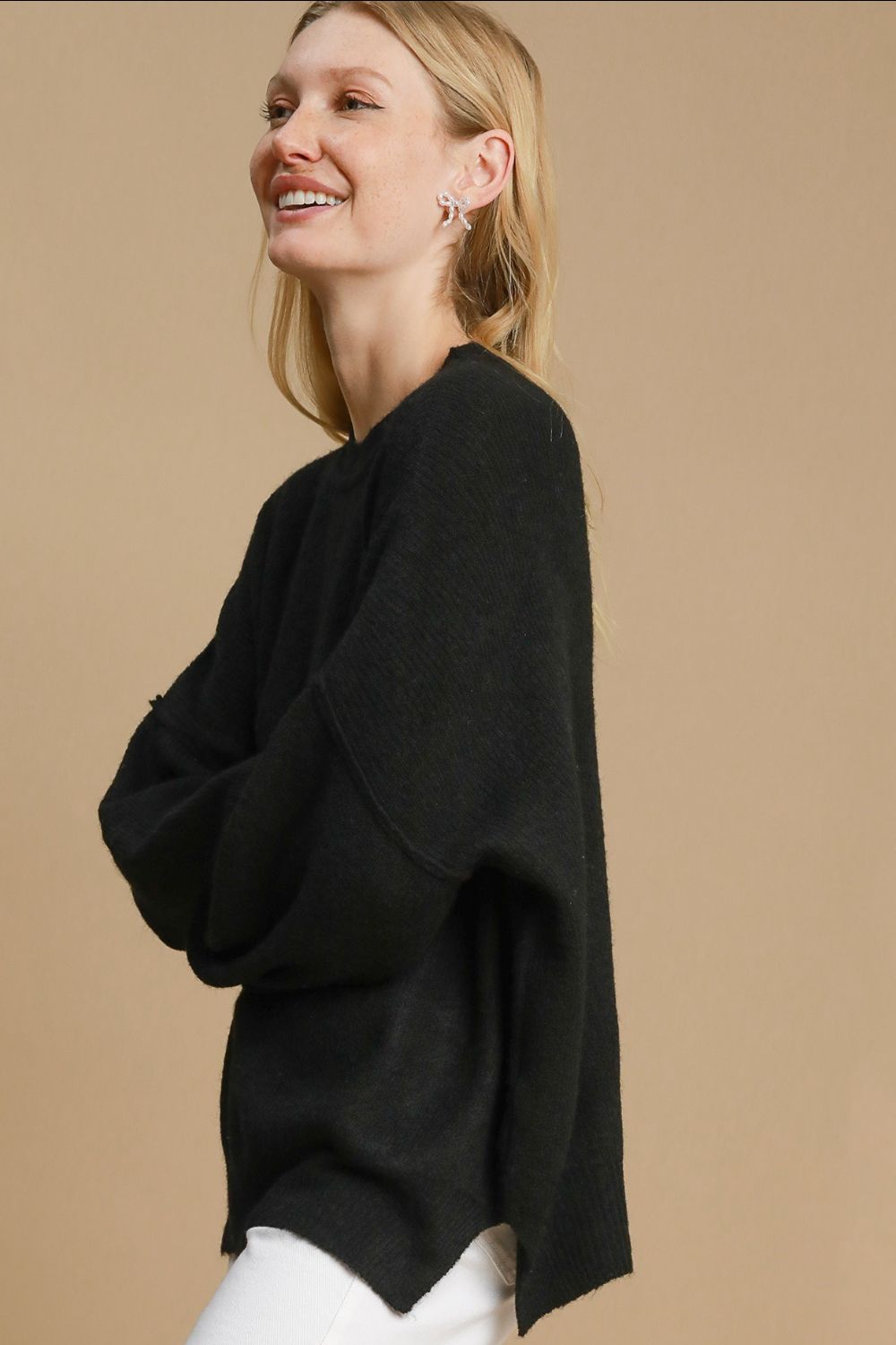 Umgee Full Size Side Slit Wool Blend Round Neck Sweater Plus Size - Brittney MADE