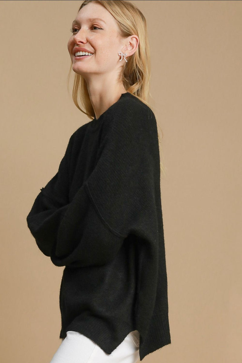 Umgee Full Size Side Slit Wool Blend Round Neck Sweater Plus Size - Brittney MADE