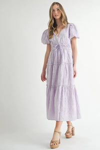 MABLE Eyelet Lace Puff Sleeve V Neck Midi Dress - Brittney MADE