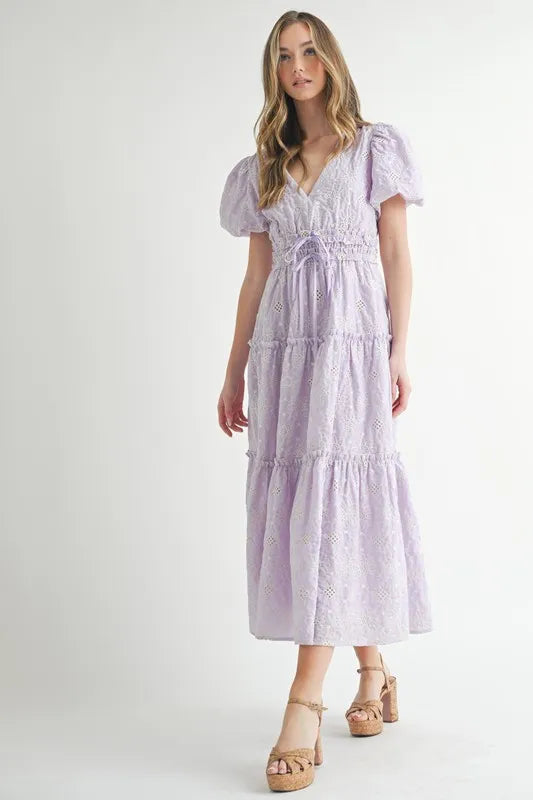 MABLE Eyelet Lace Puff Sleeve V Neck Midi Dress - Brittney MADE