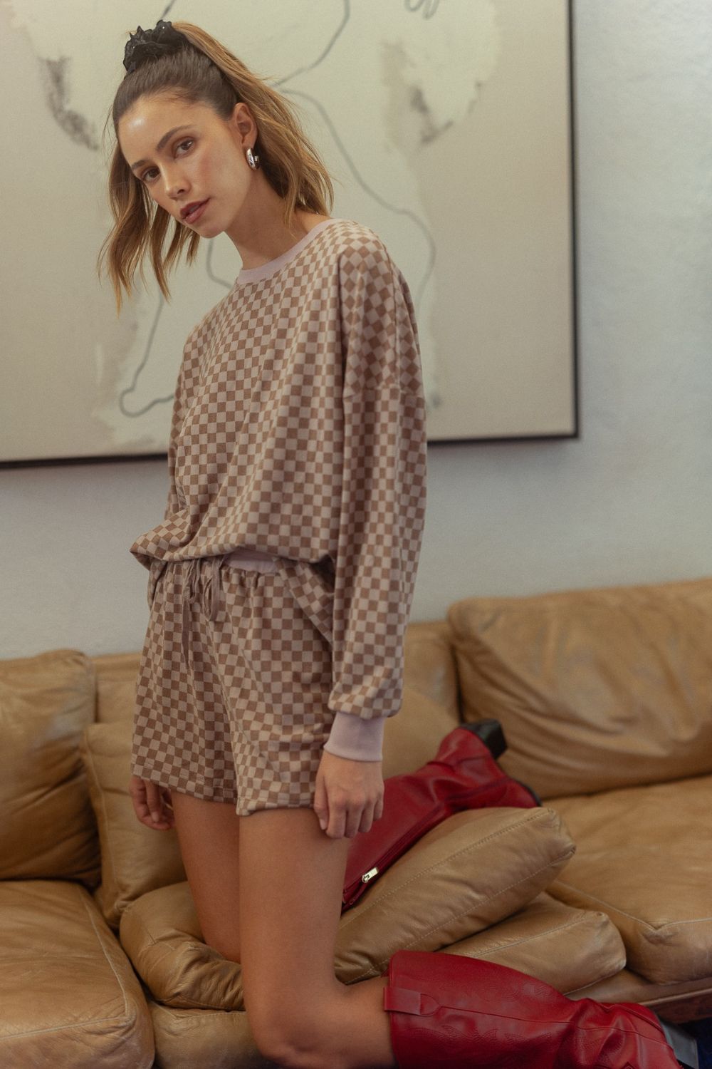 Annie Wear Checkered Round Neck Top and Drawstring Shorts Set - Brittney MADE