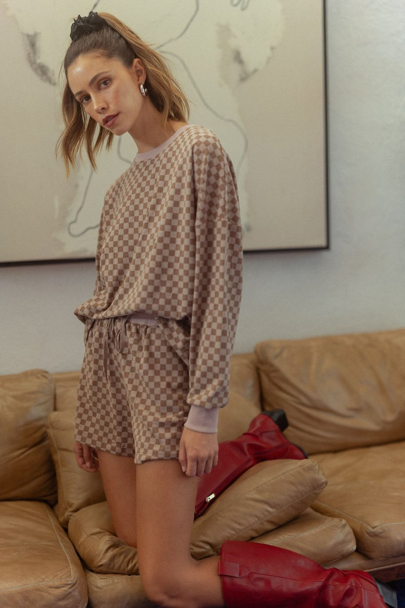 Annie Wear Checkered Round Neck Top and Drawstring Shorts Set - Brittney MADE