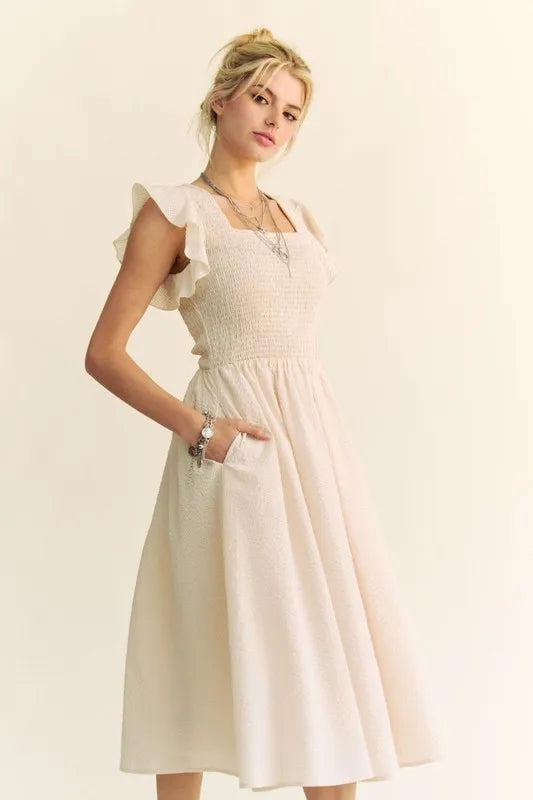 Davi & Dani Ruffled Cap Sleeve Smocked Midi Dress - Brittney MADE