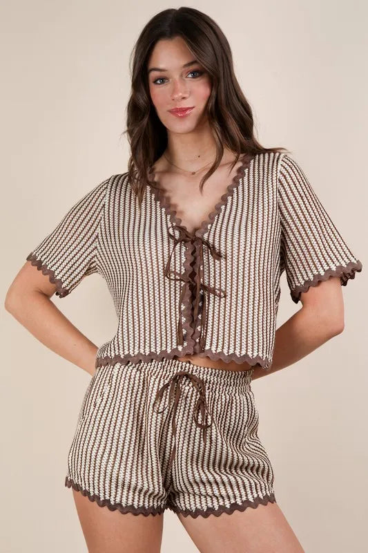 VERY J Wave Trim Detail Knit Top & Shorts Set - Brittney MADE