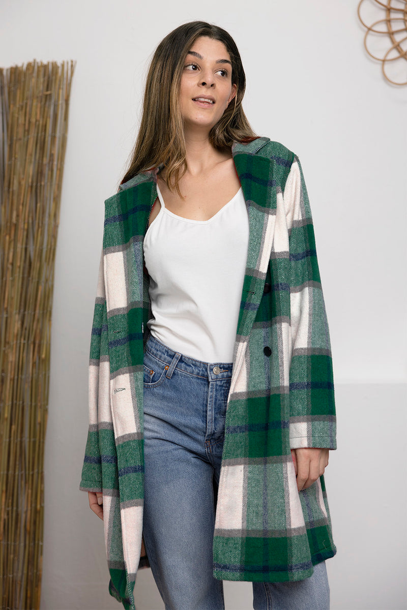 Double Take Full Size Plaid Button Up Lapel Collar Coat - Brittney MADE