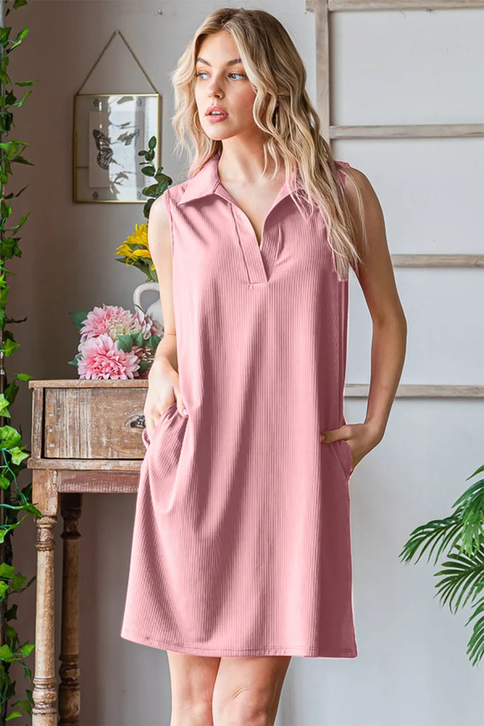 Heimish Full Size Ribbed Johnny Collar Sleeveless Dress - Brittney MADE