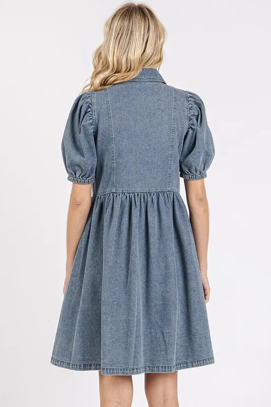 Mittoshop Button Down Puff Sleeve Denim Dress - Brittney MADE