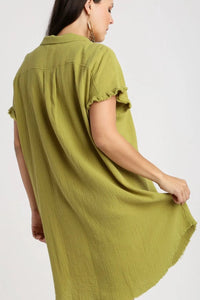 Umgee Full Size Raw Hem Button Down Short Sleeve Gauze Shirt Dress Plus Size - Brittney MADE