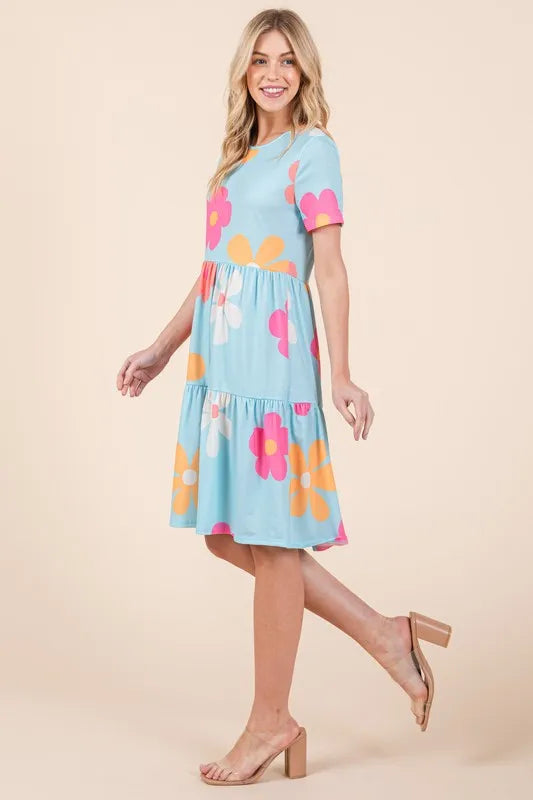 BOMBOM Floral Round Neck Short Sleeve Tiered Dress - Brittney MADE