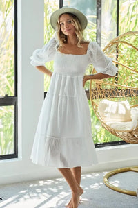 BiBi Swiss Dot Flounce Sleeve Smocked Tiered Midi Dress - Brittney MADE