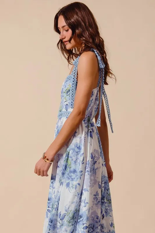 SO ME Floral Print Flowy Maxi Dress with Lace Ribbon Tie - Brittney MADE