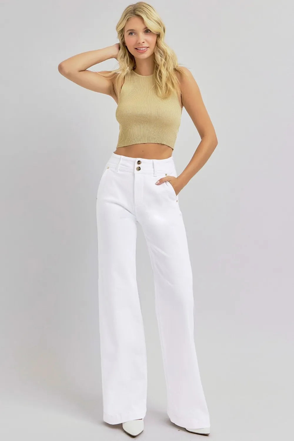 RISEN Full Size Tummy Control Double Button Wide Leg Jeans - Brittney MADE