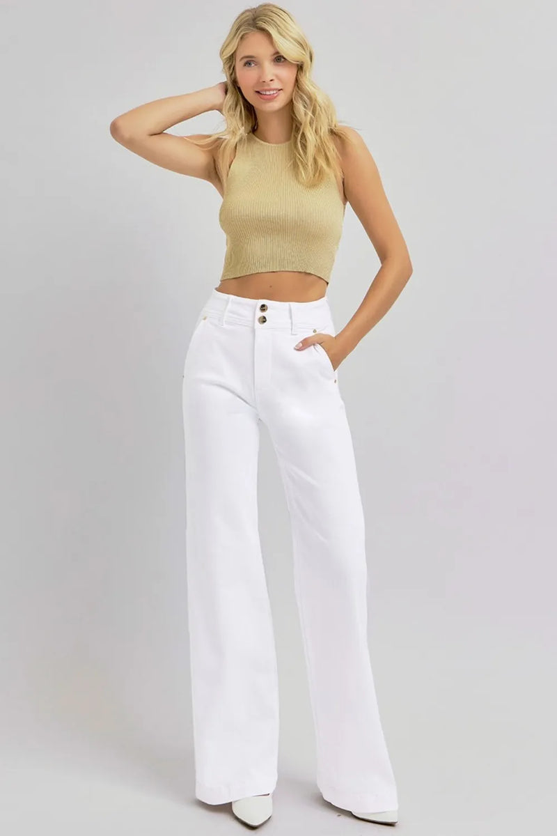 RISEN Full Size Tummy Control Double Button Wide Leg Jeans - Brittney MADE