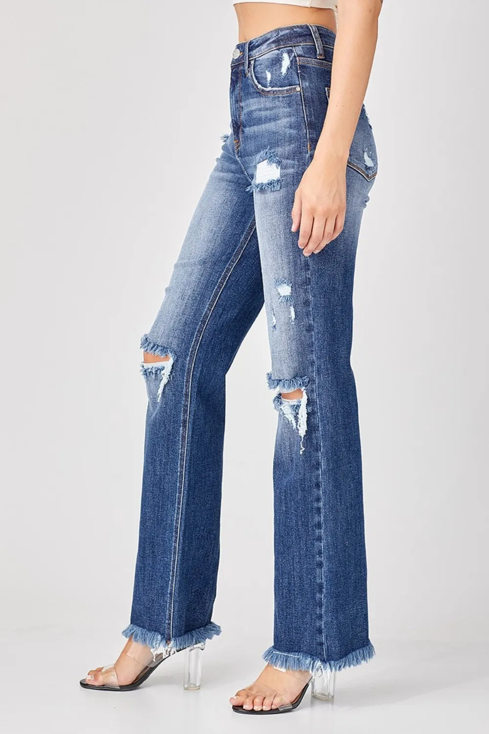 Risen Full Size Raw Hem Distressed Straight Jeans - Brittney MADE