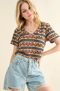 And The Why Printed V Neck Cropped T-Shirt - Brittney MADE