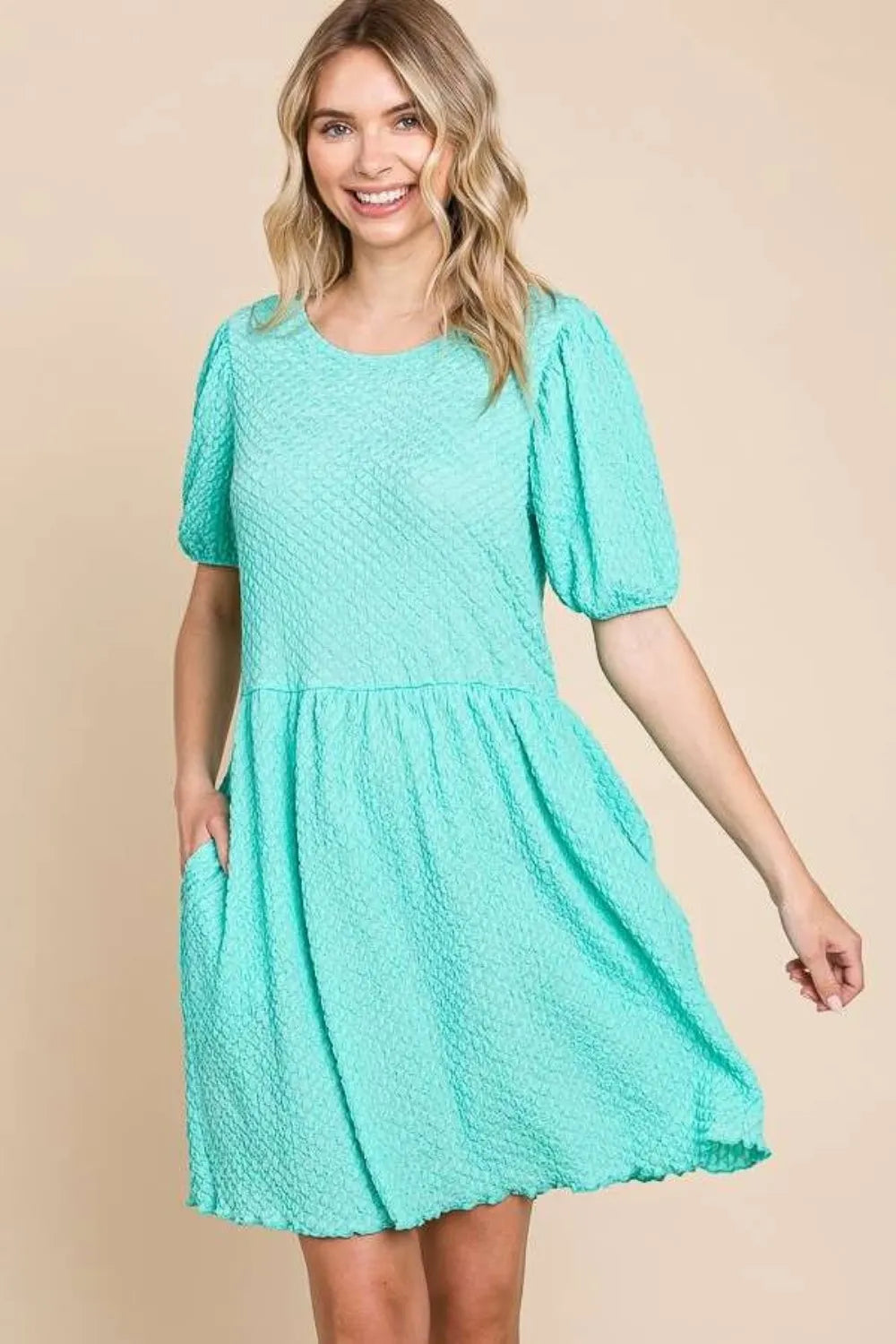 Culture Code Full Size Textured Round Neck Puff Sleeve Dress - Brittney MADE