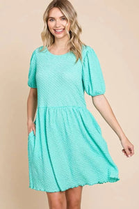 Culture Code Full Size Textured Round Neck Puff Sleeve Dress - Brittney MADE