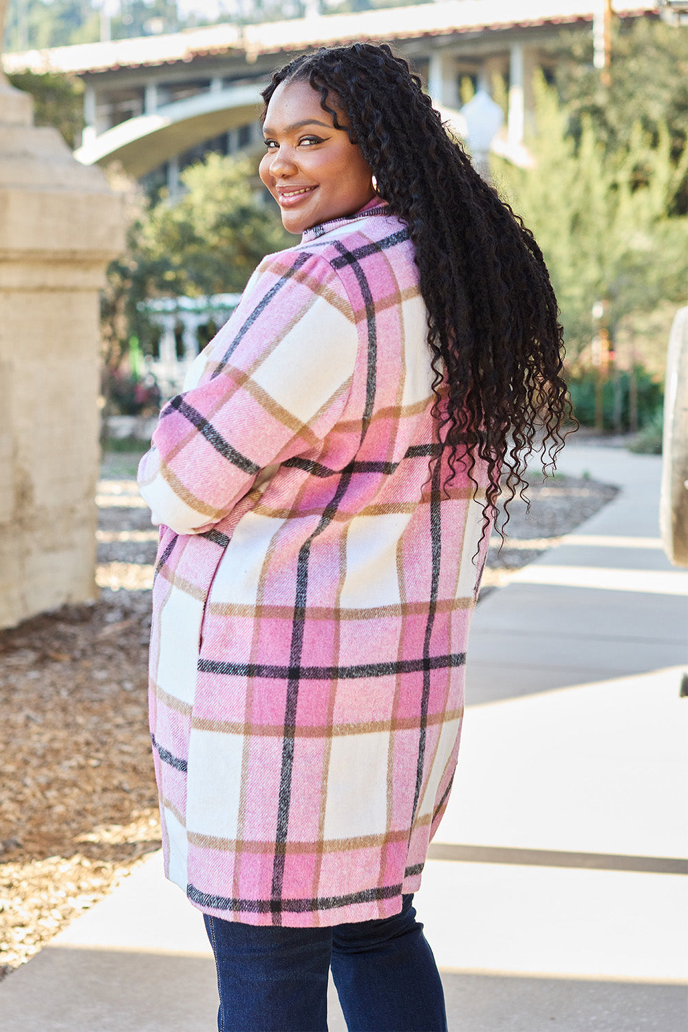 Double Take Full Size Plaid Button Up Lapel Collar Coat - Brittney MADE