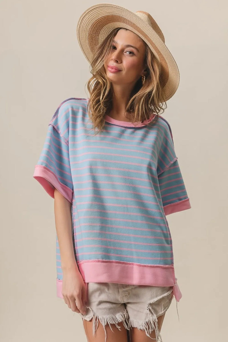 BiBi Exposed Seam Stripe Contrast T-Shirt - Brittney MADE