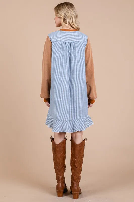 Ces Femme Striped Patchwork Round Neck Terry Sweatshirt Dress - Brittney MADE