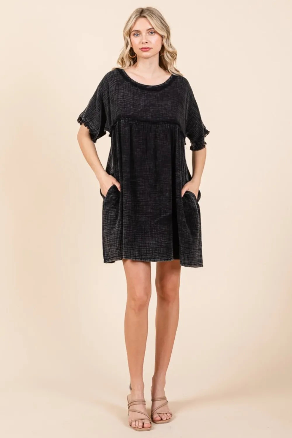 Culture Code Full Size Short Sleeve Babydoll Texture Dress with Pockets - Brittney MADE