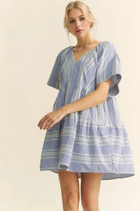 Davi & Dani Embroidered Stripe Ruffled Gingham Mini Dress - Brittney MADE