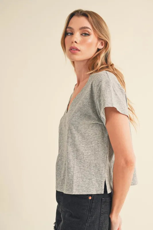 Aemi + Co Side Slit V-Neck Short Sleeve Cropped T-Shirt - Brittney MADE
