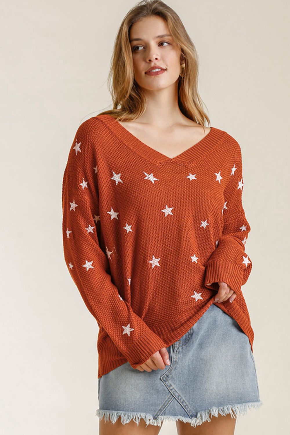 Umgee Full Size Star V-Neck Long Sleeve Sweater Plus Size - Brittney MADE