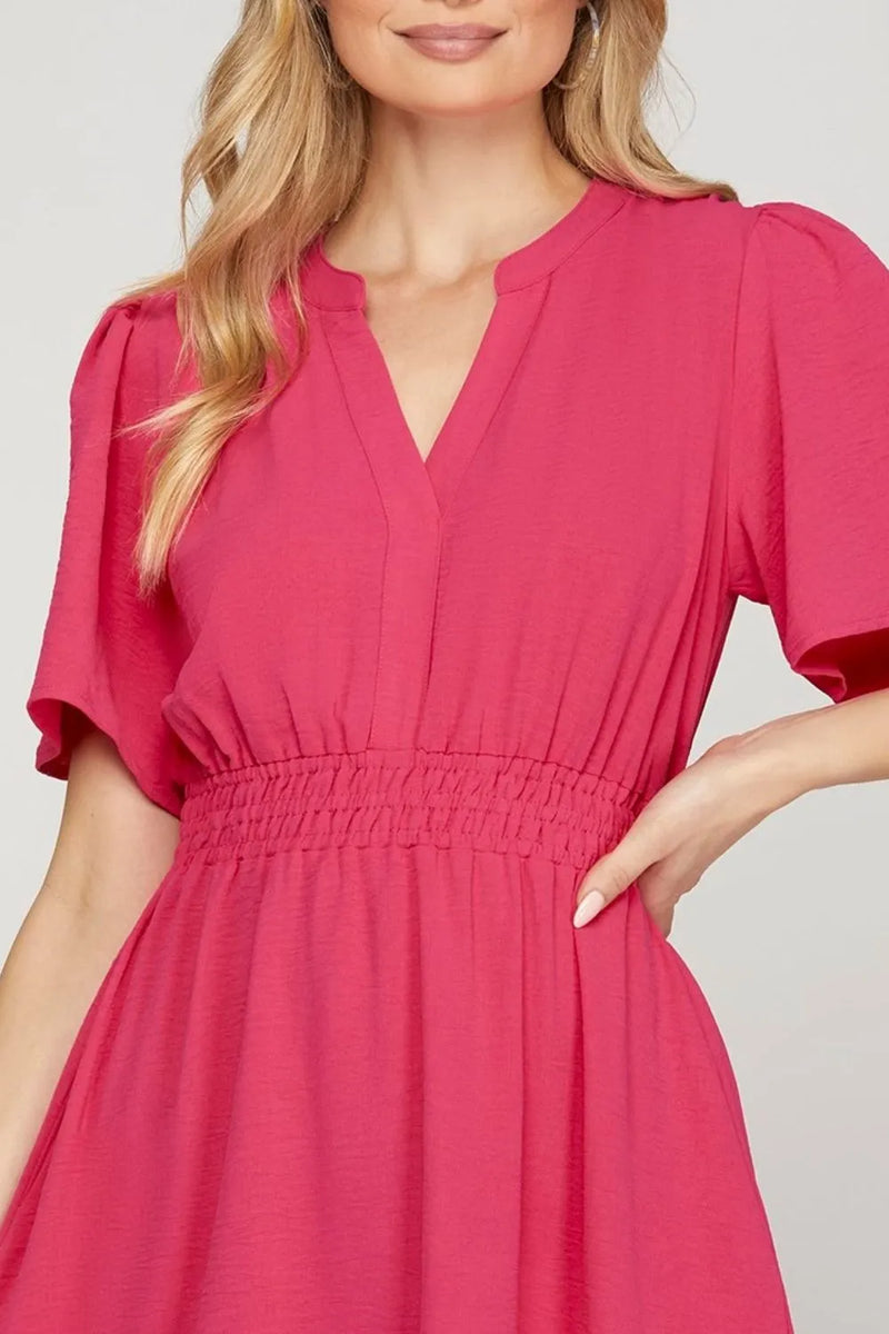 She + Sky Ruffled Hem Notched Flutter Sleeve Mini Dress - Brittney MADE