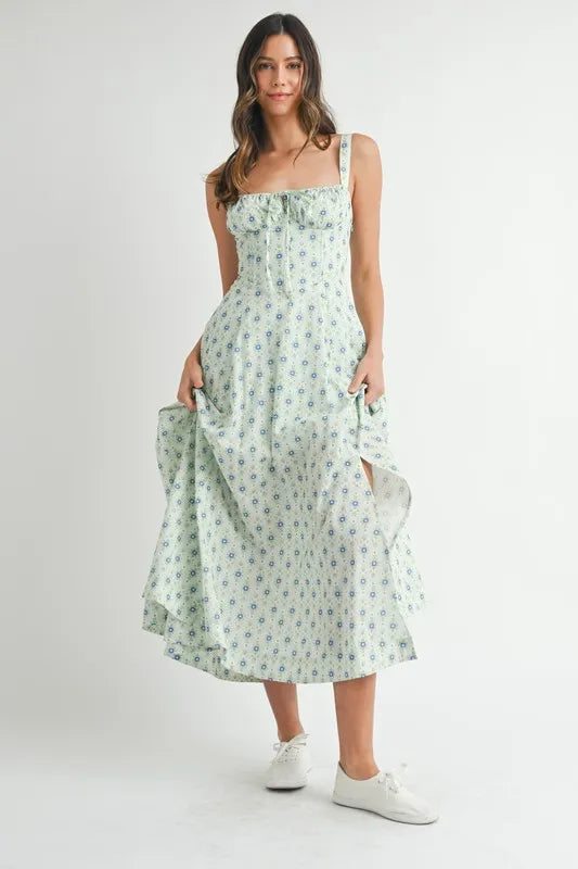 MABLE Floral Print Bustier Back Lace Up Midi Dress - Brittney MADE