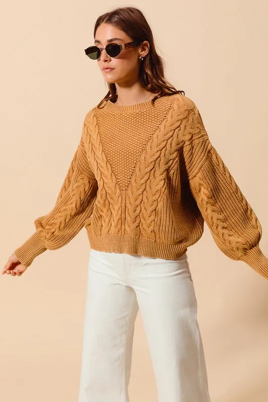 SO ME Mineral Washed Loose Fit Textured Cable Sweater - Brittney MADE