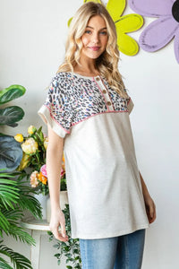 Heimish Full Size Exposed Seam Leopard Short Sleeve T-Shirt - Brittney MADE
