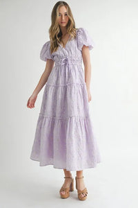 MABLE Eyelet Lace Puff Sleeve V Neck Midi Dress - Brittney MADE