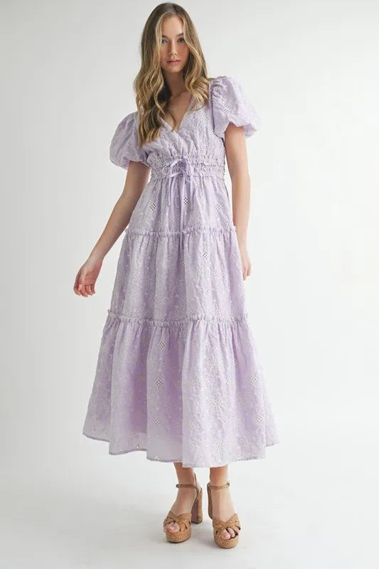 MABLE Eyelet Lace Puff Sleeve V Neck Midi Dress - Brittney MADE