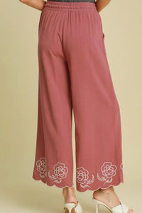 Umgee Full Size Linen Blend Wide Leg Pants with Scalloped Hemline Plus Size - Brittney MADE