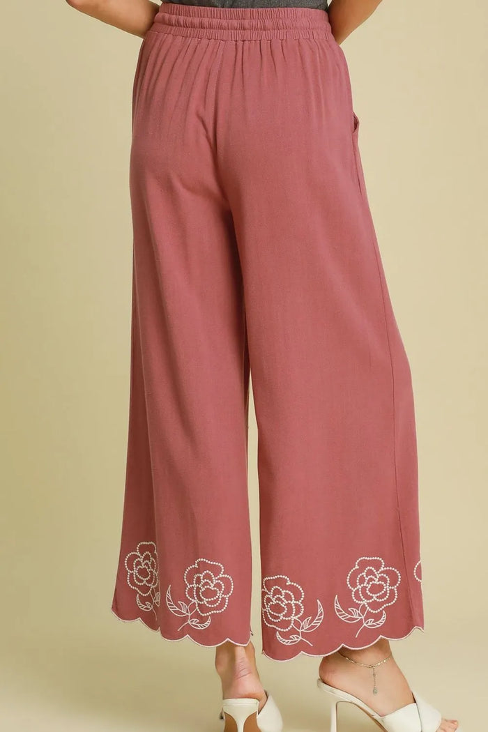 Umgee Full Size Linen Blend Wide Leg Pants with Scalloped Hemline Plus Size - Brittney MADE