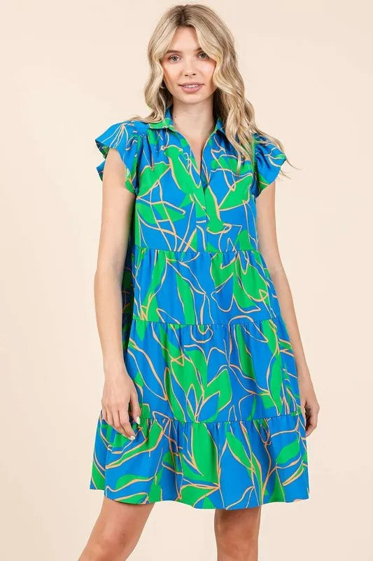 Mittoshop Leaf Print Ruffle Sleeve Tiered Mini Dress - Brittney MADE