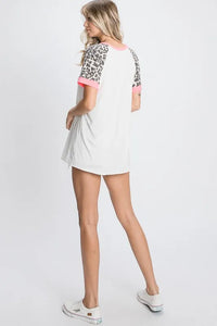 HeimishFull Size Leopard Round Neck Short Sleeve T-Shirt with Stitch Plus Size - Brittney MADE