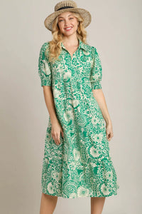 Umgee Full Size Printed Smocked Cuff Puff Sleeve Midi Dress Plus Size - Brittney MADE