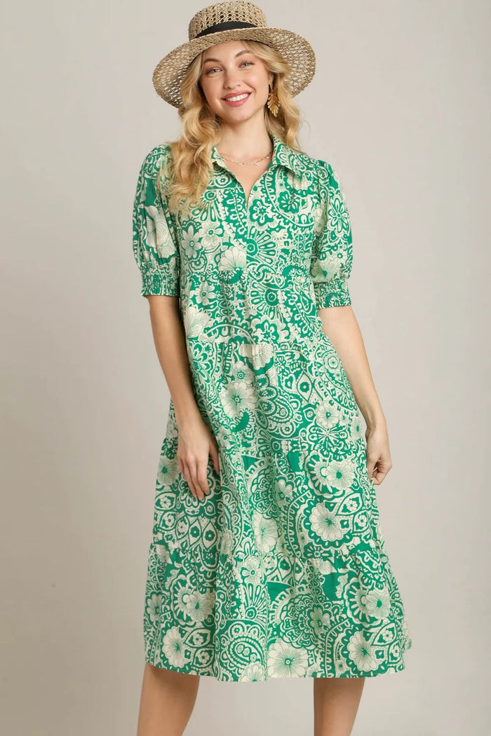 Umgee Full Size Printed Smocked Cuff Puff Sleeve Midi Dress Plus Size - Brittney MADE