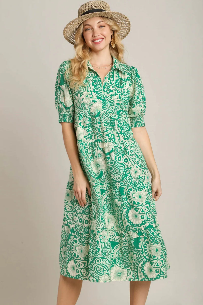 Umgee Full Size Printed Smocked Cuff Puff Sleeve Midi Dress Plus Size - Brittney MADE