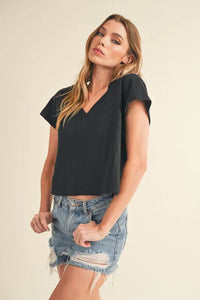 Aemi + Co Side Slit V-Neck Short Sleeve Cropped T-Shirt - Brittney MADE