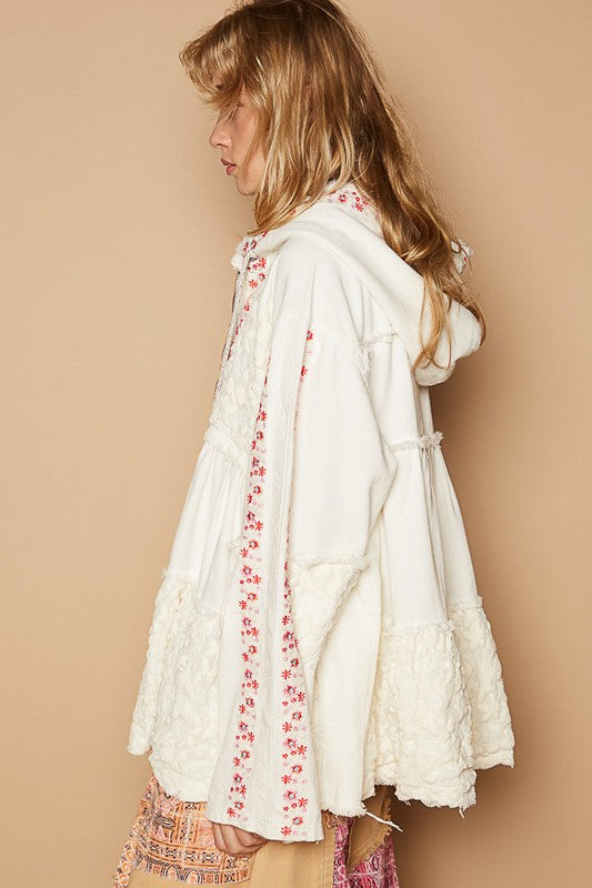 POL Embroidered Lace Patch Zip Up Hooded Jacket - Brittney MADE