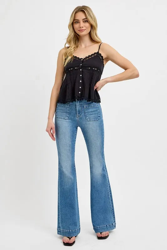 RISEN Full Size Front Patch Pocket Flare Jeans Plus Size - Brittney MADE