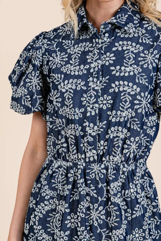 GeeGee Natural Leaf Pattern Eyelet Lace Puff Sleeve Dress - Brittney MADE