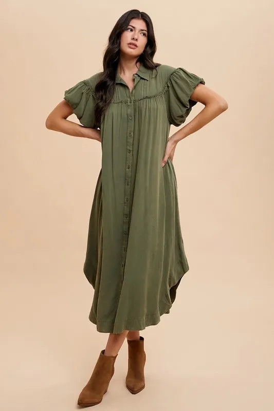 Annie Wear Mineral Washed Button Down Puff Sleeve Shirt Dress - Brittney MADE