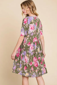 BOMBOM Flower Print V-Neck Ruched Dress - Brittney MADE