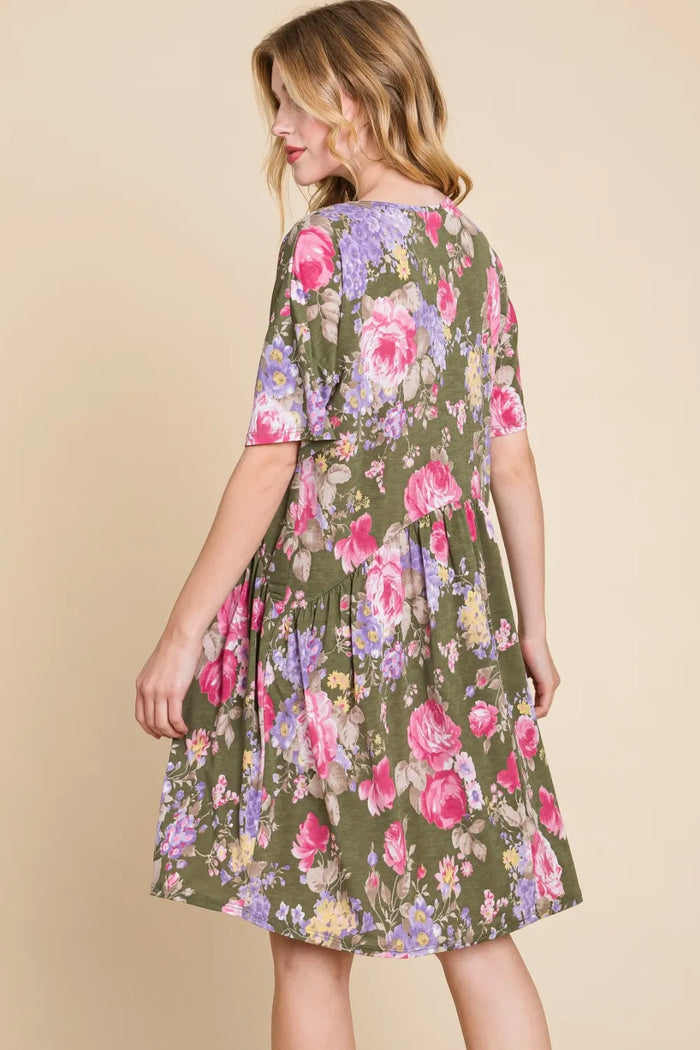 BOMBOM Flower Print V-Neck Ruched Dress - Brittney MADE
